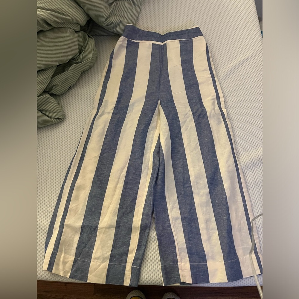 Madewell Huston Linen Blend Blue Cream Stripe Wide Leg Crop Pants